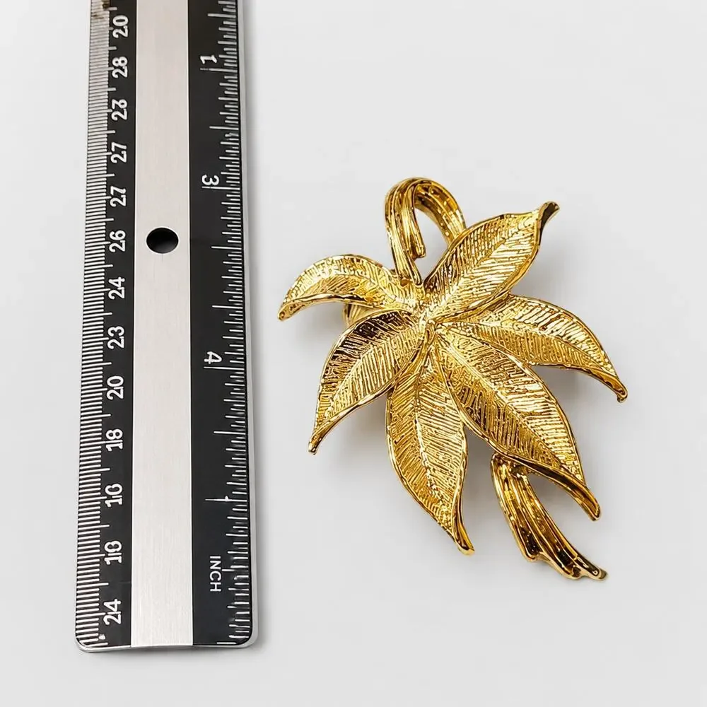 Vintage Signed Gerrys Gold-Tone‎ Large Leaf Brooch Pin Shiny Textured 2